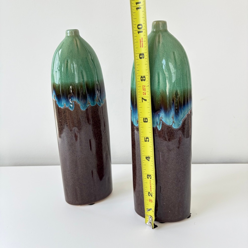 Hostess Potteries Drip Glaze Ceramic Bud Vase Set 2 Green Brown Blue 10.5" 2005 - Picture 7 of 9